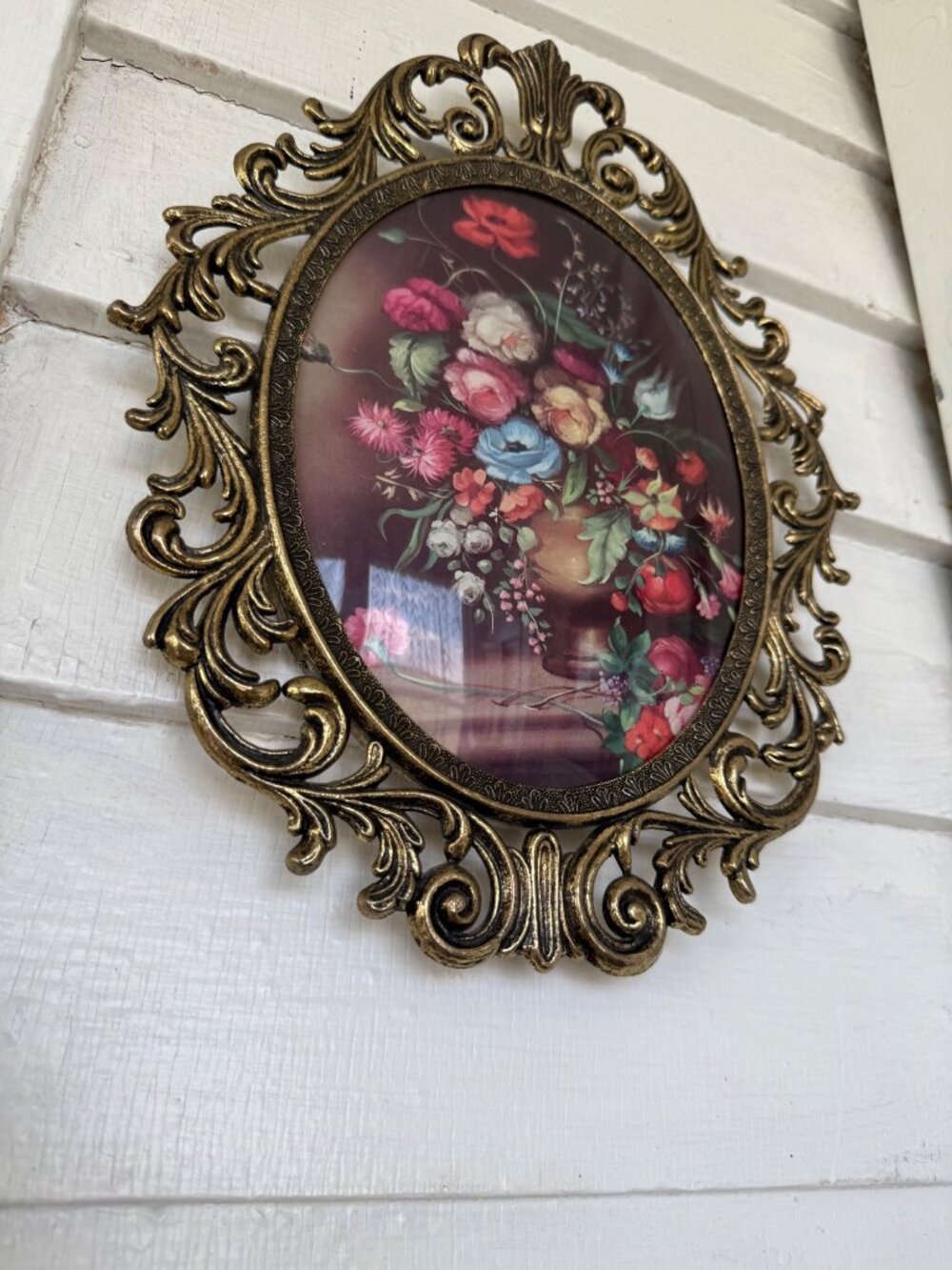 Vintage 1960s Italian Metal Frame Convex Glass Floral Bouquet Print 13x10" - Picture 2 of 11